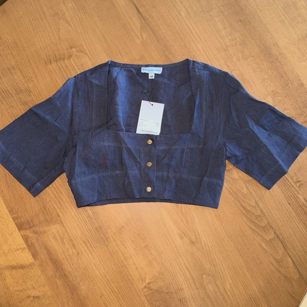 NEW Karina Grimaldi Pao Linen Button Up Top Navy Women's Size XS MSRP $92 - Picture 8 of 10